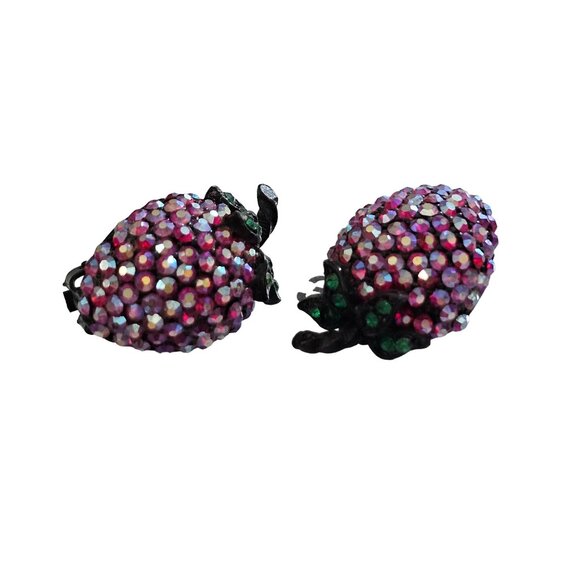 Vintage Signed Weiss Clip-On Strawberry Earrings With AB Rhinestones - Picture 7 of 7